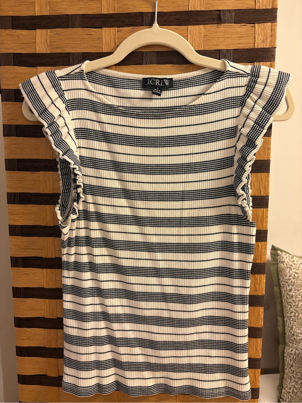 J. Crew White & Navy Striped Ruffled Sleeve Tank